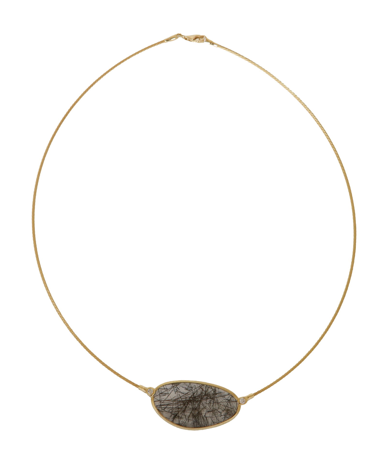14K GOLD NECKLACE: Composed of a Gold cable set with 2 small diamonds and a rutilated quartz stone. Length approx. 42 cm. Weight approx. 8.4 grams.