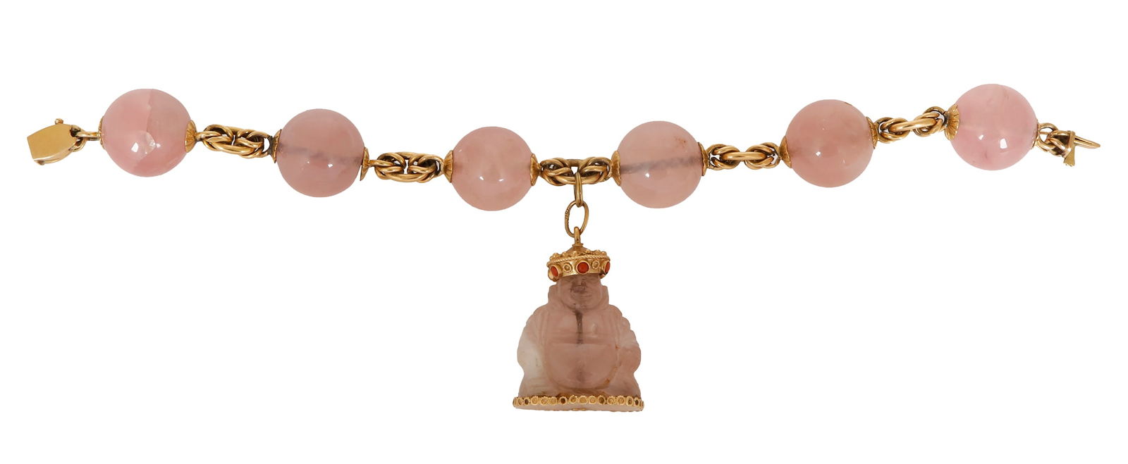 18K GOLD AND ROSE QUARTZ BEADS BRACELET: Composed of Gold links and rose-quartz beads with a diameter of approx. 20 mm alternately, carrying a rose-quartz and 18K Gold Pendant in the shape of Buddha. Length approx. 23 cm. Weight approx. 106