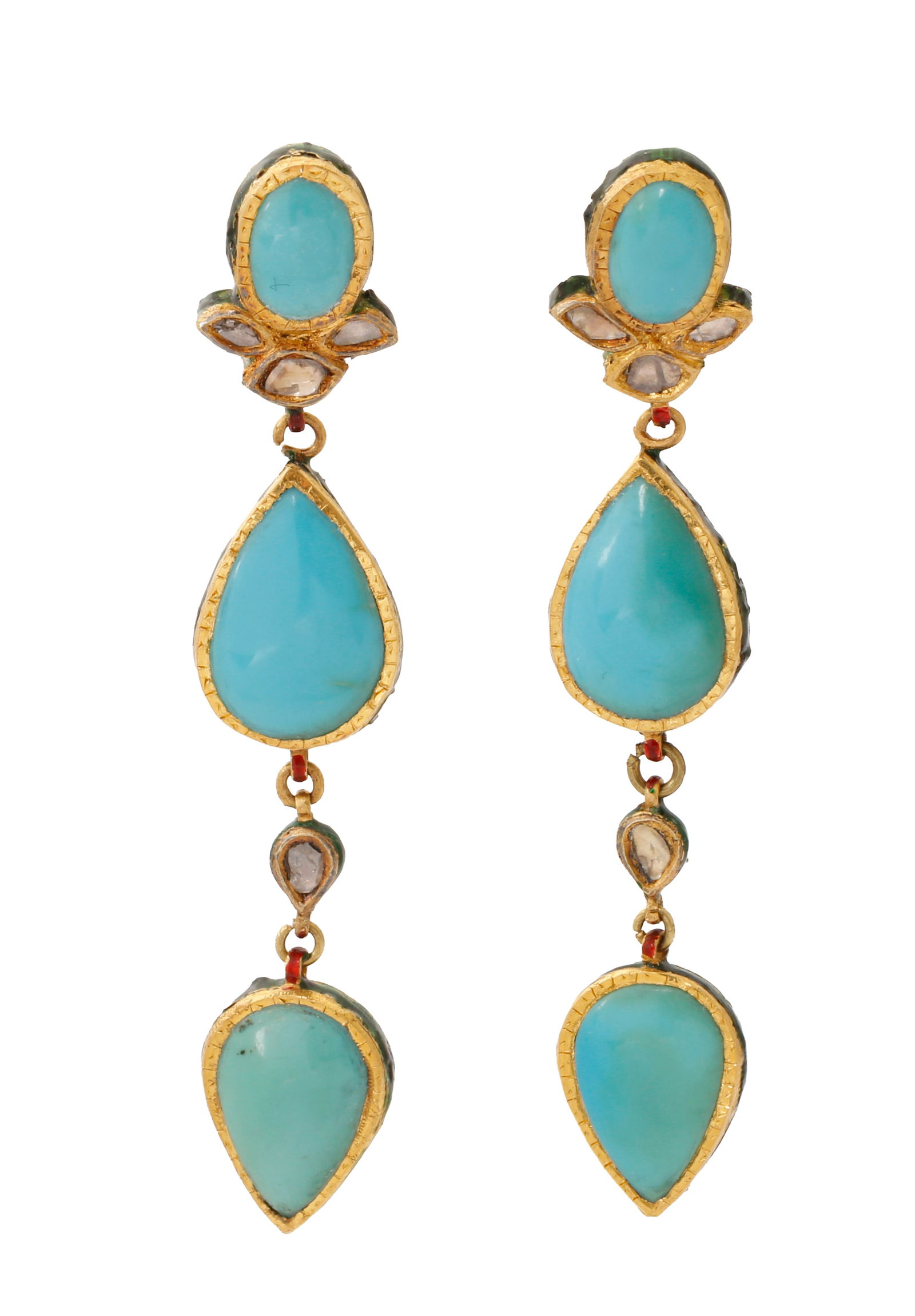 18K GOLD INDIAN EARRINGS: Double-sided. Set with enamel work on one side, and set with turquoise stones and diamantes on the other. Length approx. 7.2 cm. Weight approx. 19 grams.