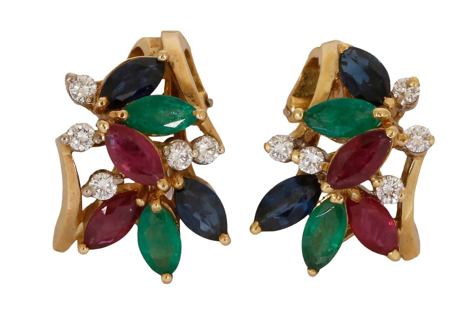 18K GOLD CLIP-ON EARRINGS: Stud earrings, set with sapphires, emeralds, rubies, and small diamonds. Weight approx. 8 grams.