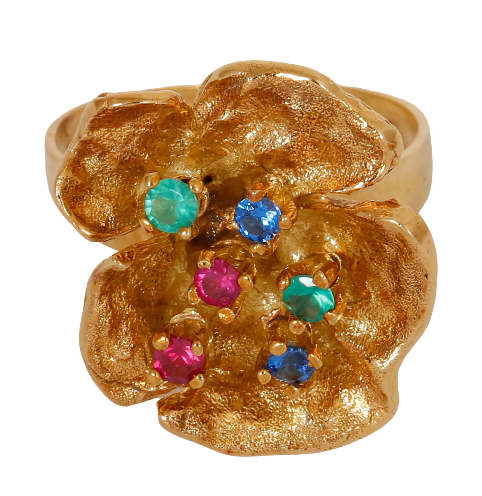 18K GOLD RING: Flower design, set with various gemstones. Size approx. US 57. Ring can be resized. Weight approx. 7.7 grams. 