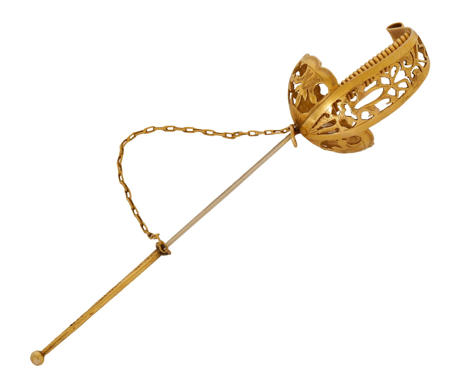 14K GOLD MINIATURE SWORD: Decorated with beautiful Goldwork. Approx. 9 cm in length. Weight approx. 6.8 grams.