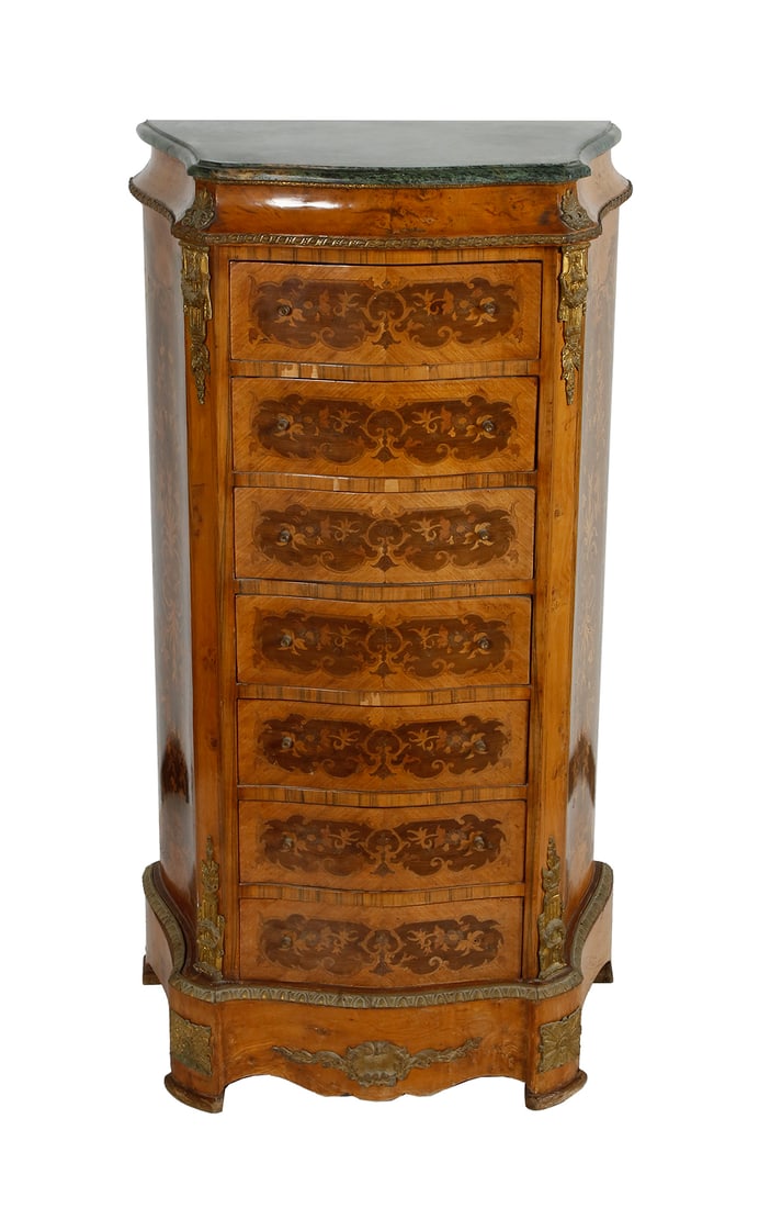 FRENCH SEMAINIER CHEST OF DRAWERS: Early 20th century. Louis XVI (transition) style. With seven drawers. Made of wood with burr walnut veneer. and green marble top. Decorated with marquetry work and brass mounts. Height: 128 cm.