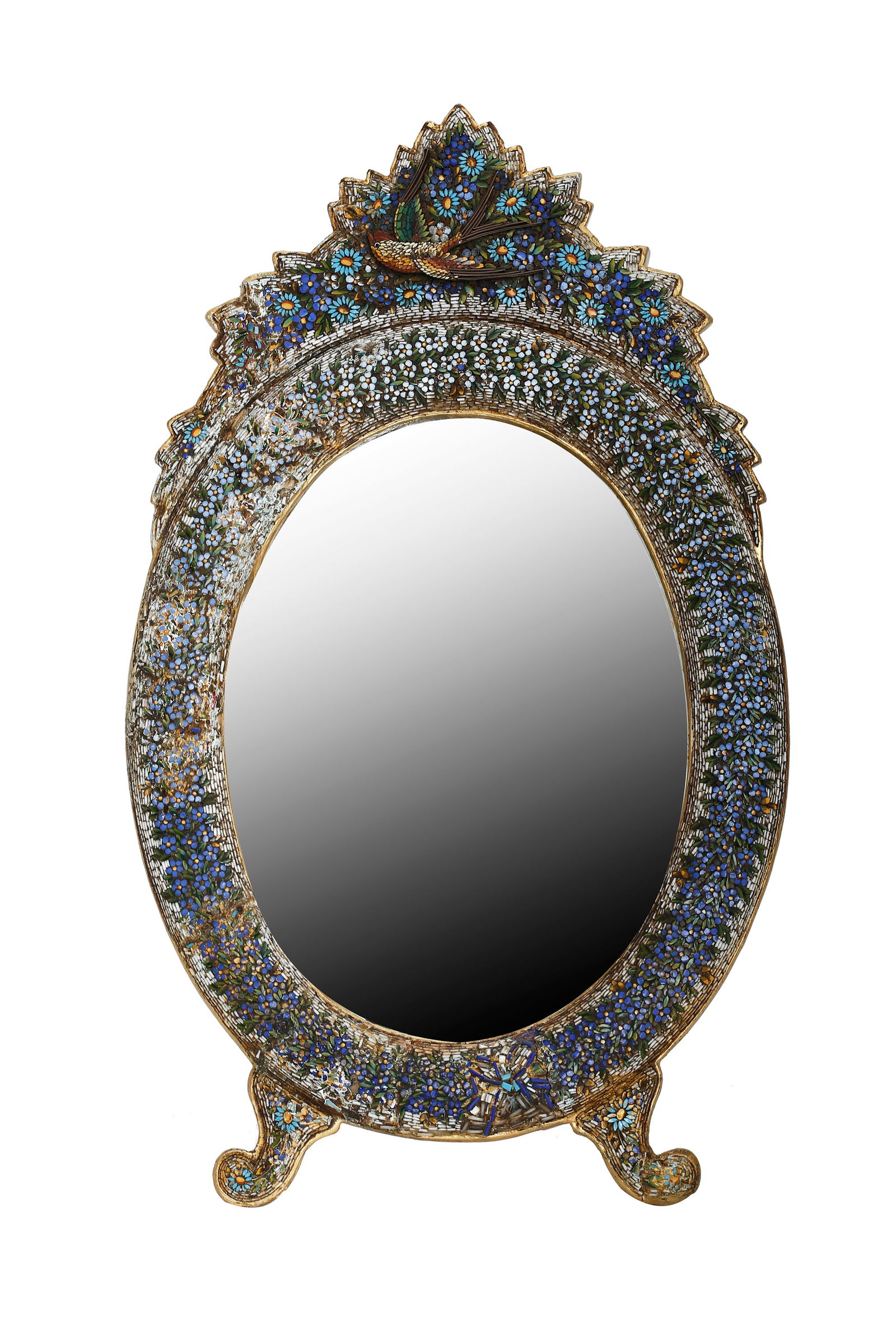 ITALIAN MICROMOSAIC TABLE MIRROR: Late 19th century. Grand Tour period. Carved wood inlaid with micro-mosaic on a gilded background, featuring a central hummingbird applique in micro-mosaic. Includes a beveled mirror and set on two
