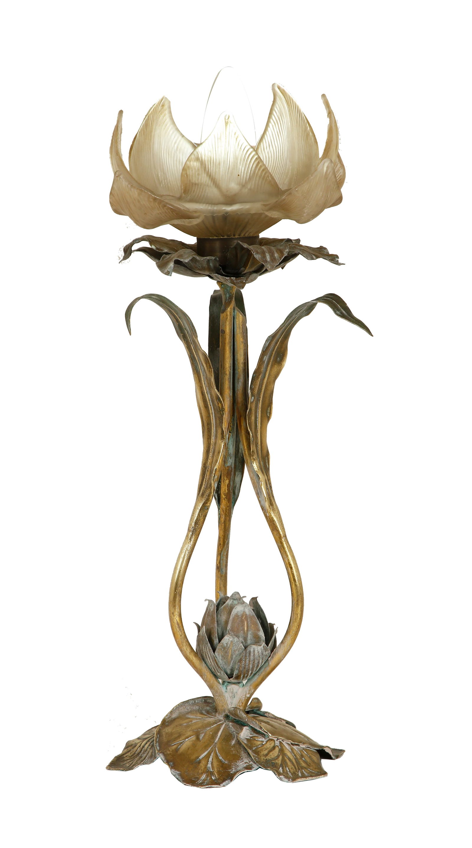 TABLE LAMP: Lotus flower shaped. Made of brass with a glass shade. Height: 44 cm. Restoration to one petal.