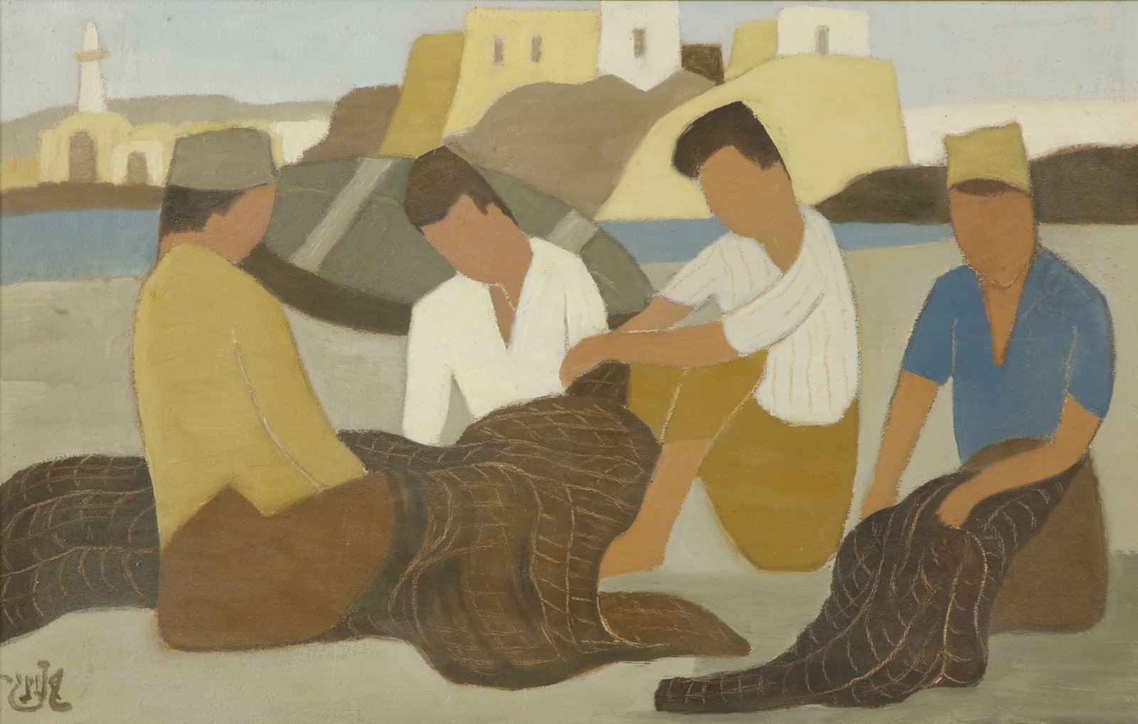 Shmuel Schlesinger: Fishermen of Caesarea, Oil on canvas, 46x73 cm., Signed. Signed and titled on the reverse.