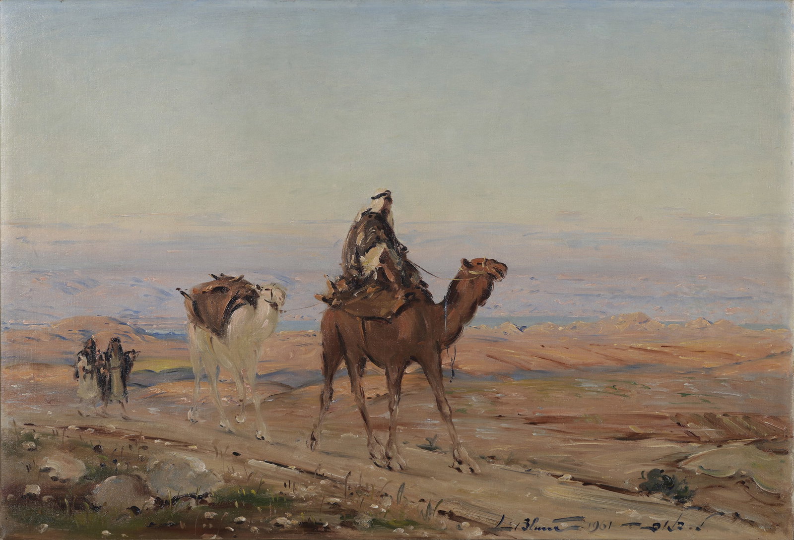 Ludwig Blum: Camels in the Judean Desert, 1961, Oil on canvas, 49x72 cm., Signed and dated. The authenticity of this painting has been confirmed by Mrs. Mira Chen, the artistâ€™s granddaughter.