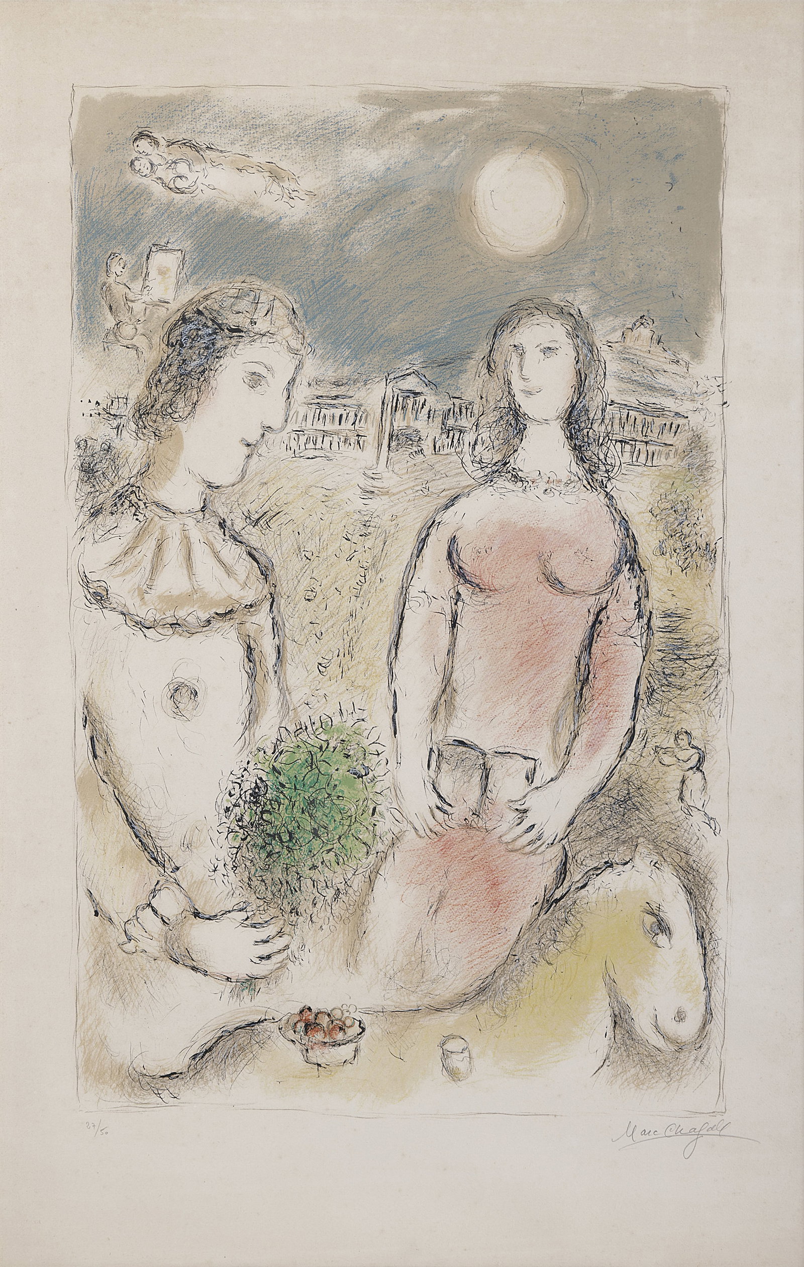 Marc Chagall: Couple at Dusk (M.972), Lithograph, 117.2X75.4 cm. Signed and numbered 27/50. Collection of Rubin and Faigie Zimmerman, Israel. Rubin and Faig