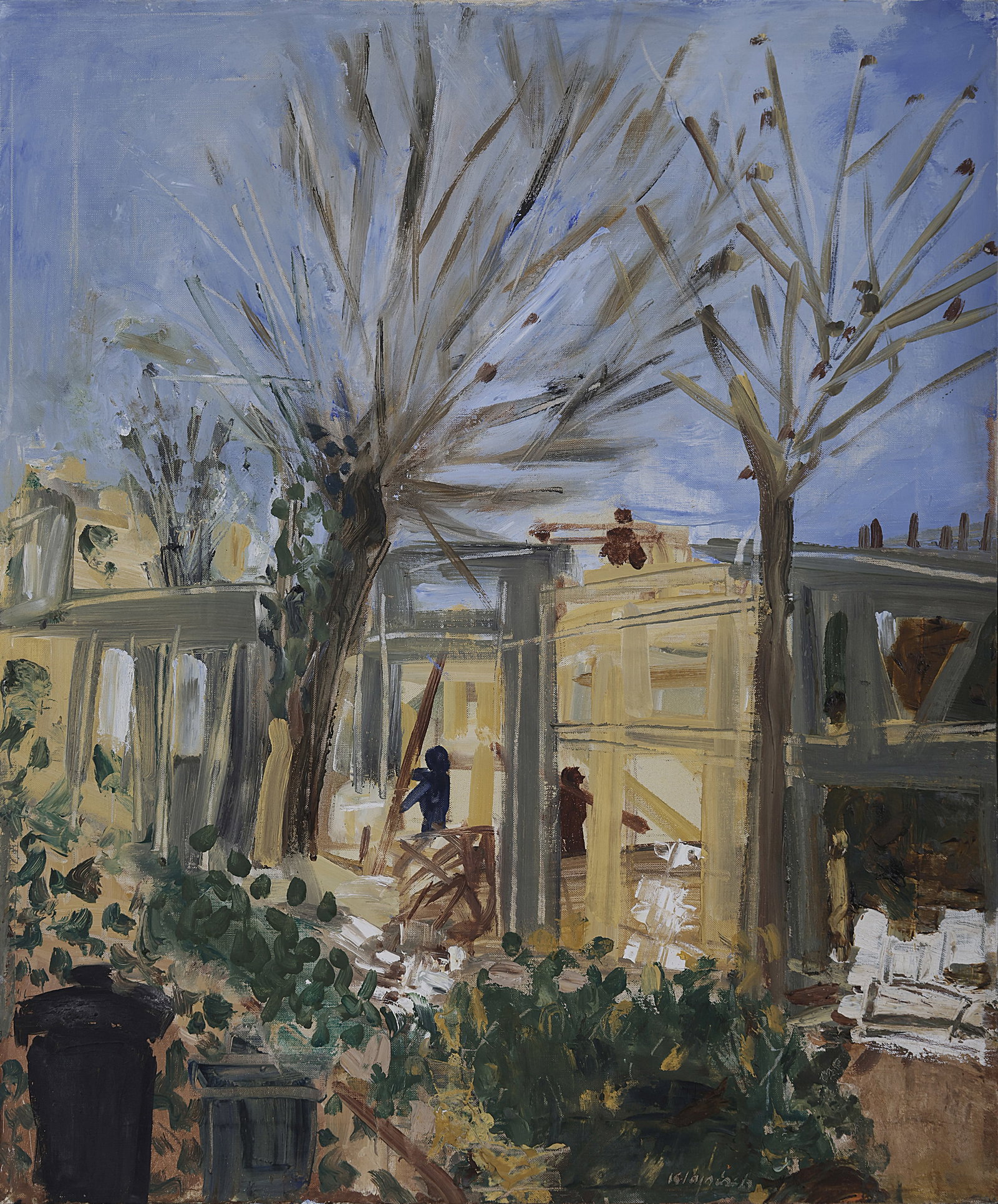 Liliane Klapisch: Construction Site and Tree, Oil on Canvas, 55x46 cm. Signed.