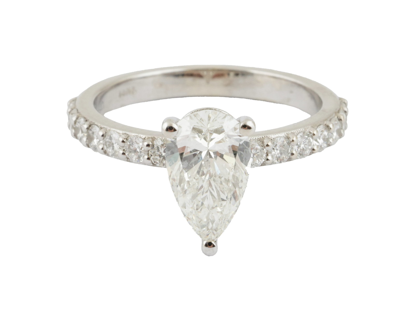 14K WHITE GOLD RING: set with a pear shape cut diamond weighing 1.26 ct. and side diamonds weighing 0.50 ct. size approx. US 6. this ring can be resized. accompanied by a CGL certificate.