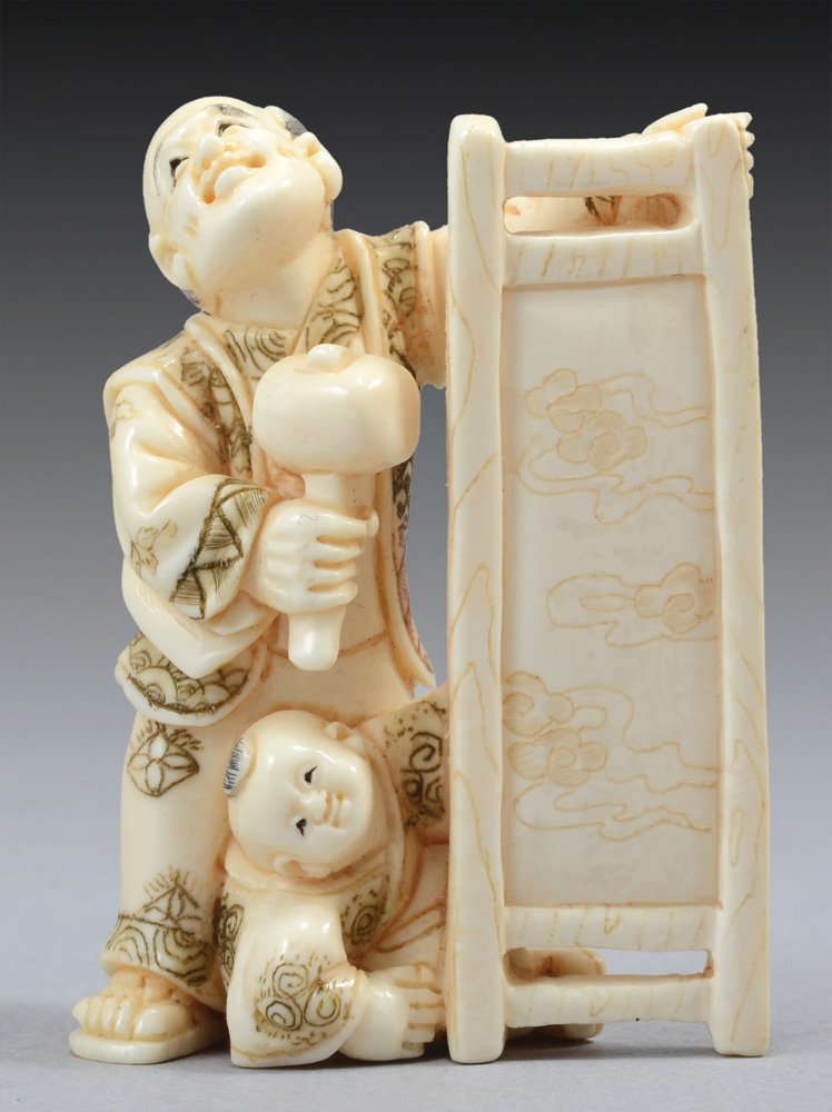 A CARPENTER AND HIS SON. OLD JAPANESE IVORY NATSUKE (1 of 1)