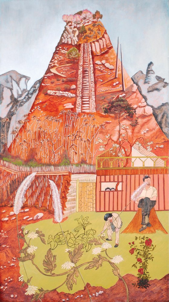 Nurit David b. 1952: Shuichi Tickles my Father, 2005, Oil on canvas, 100X55 cm. Signed, titled and dated on the reverse