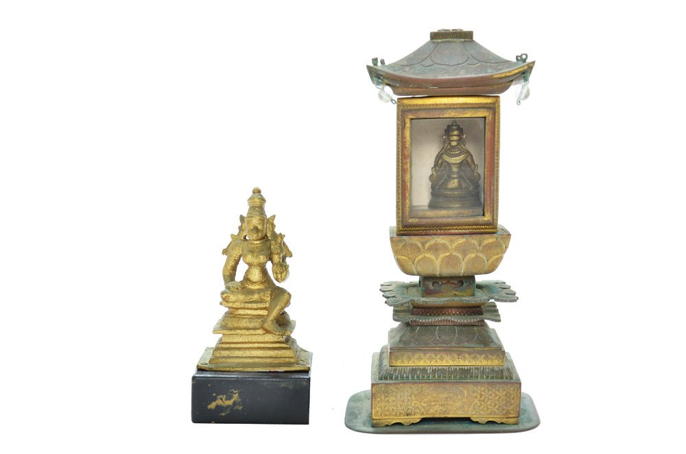 A JAPANESE BRONZE MINIATURE SECTIONED PAGODA SHRINE (1 of 1)