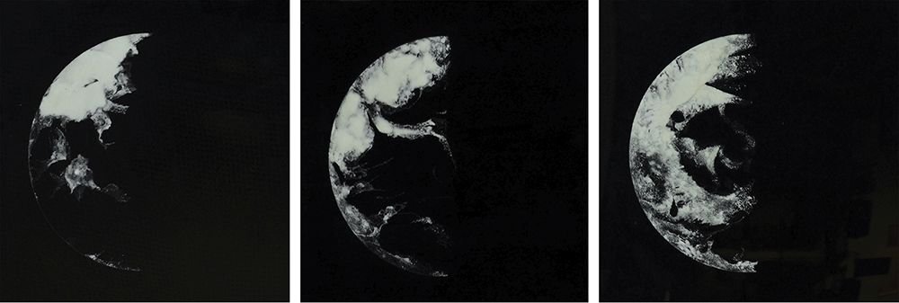 Gal Weinstein b. 1970: Triptych: Untitled 2007 Paper and sand on perspex 50X50 cm. each Signed and dated on the reverse.