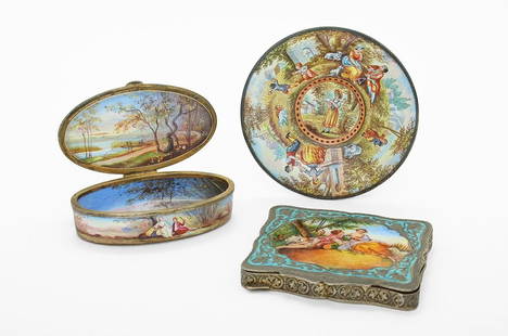 A VIENNESE SILVER AND ENAMEL SNUFF BOX: Circa 1880, maker’s mark ’AXS’ The oval box painted overall with figural and romantic scenes and landscapes, 8 cm wide; together with a silver and enamel box, the cover painted with a romantic