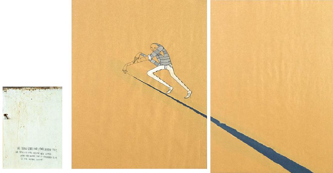 Know Hope b. 1986: Triptych: We Draw Lines and Stand Behind Them 2013 Mixed media on paper 59X44 cm. 64X43 cm. Signed and dated on the reverse. . Accompanied by a certificate of authenticity signed by artist