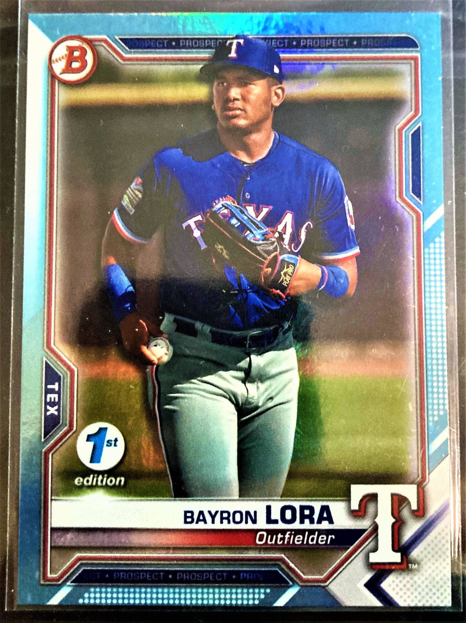 2021 Bowman 1st Edition Bayron Lora Sky Blue Foil: 2021 Bowman 1st Edition Bayron Lora Sky Blue Foil Rangers BFE 139