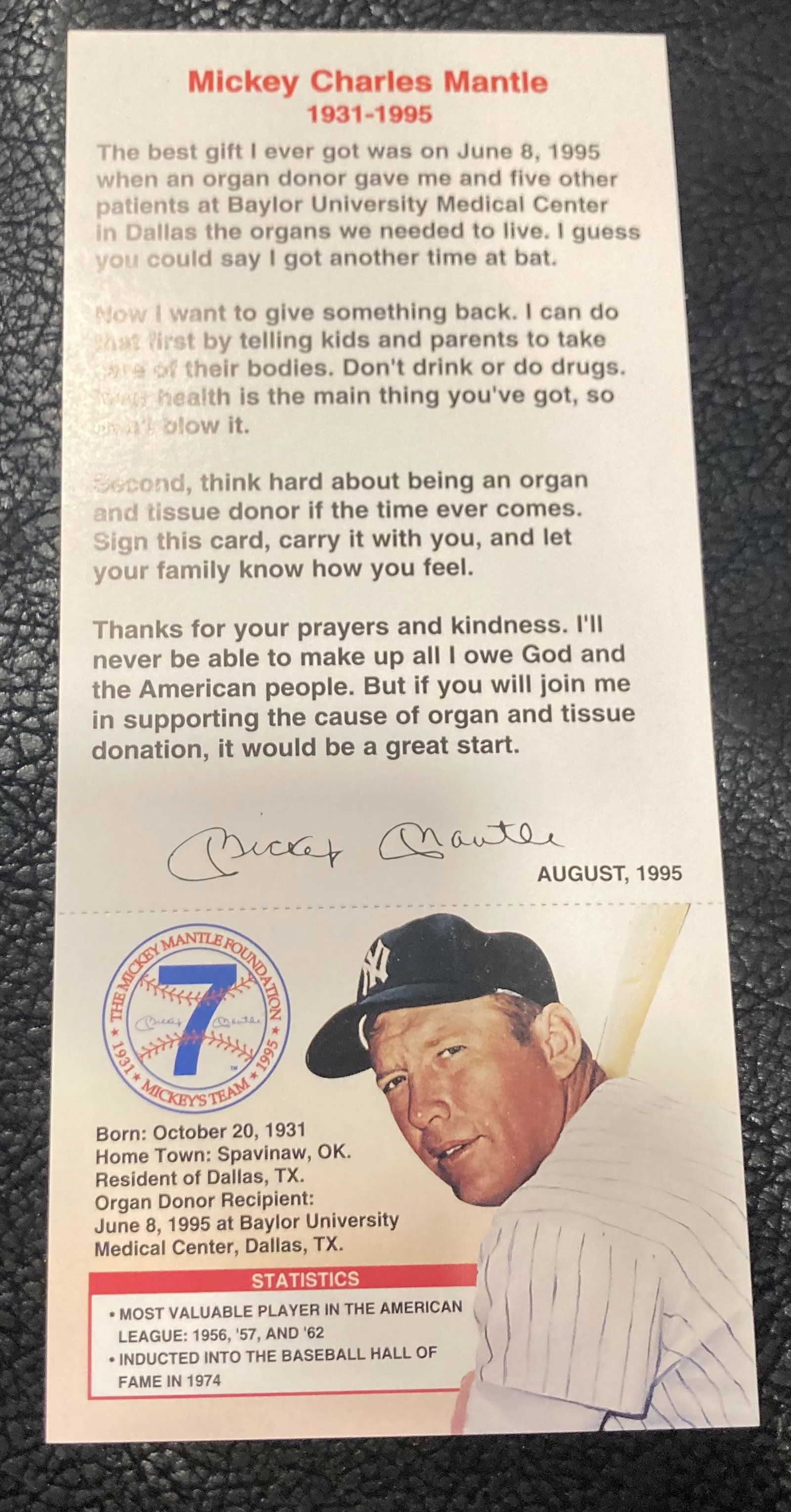Mickey Mantle VINTAGE Join Micky's Team Organ Tissue: Mickey Mantle VINTAGE Join Micky's Team Organ Tissue Donation Card YANKEE-HOF