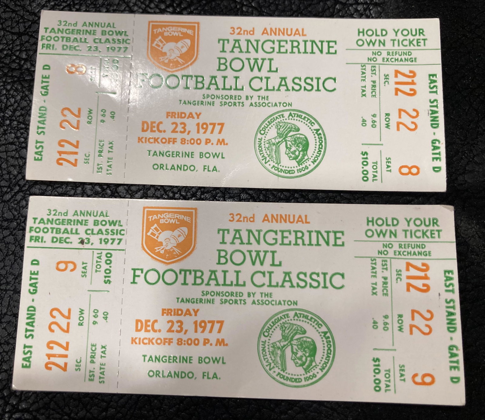 1977 Tangerine Bowl Pair of Ticket Stubs Florida State: 1977 Tangerine Bowl Pair of Ticket Stubs Florida State Seminoles and the Texas Tech Red Raiders Florida State 40 Texas Tech 17