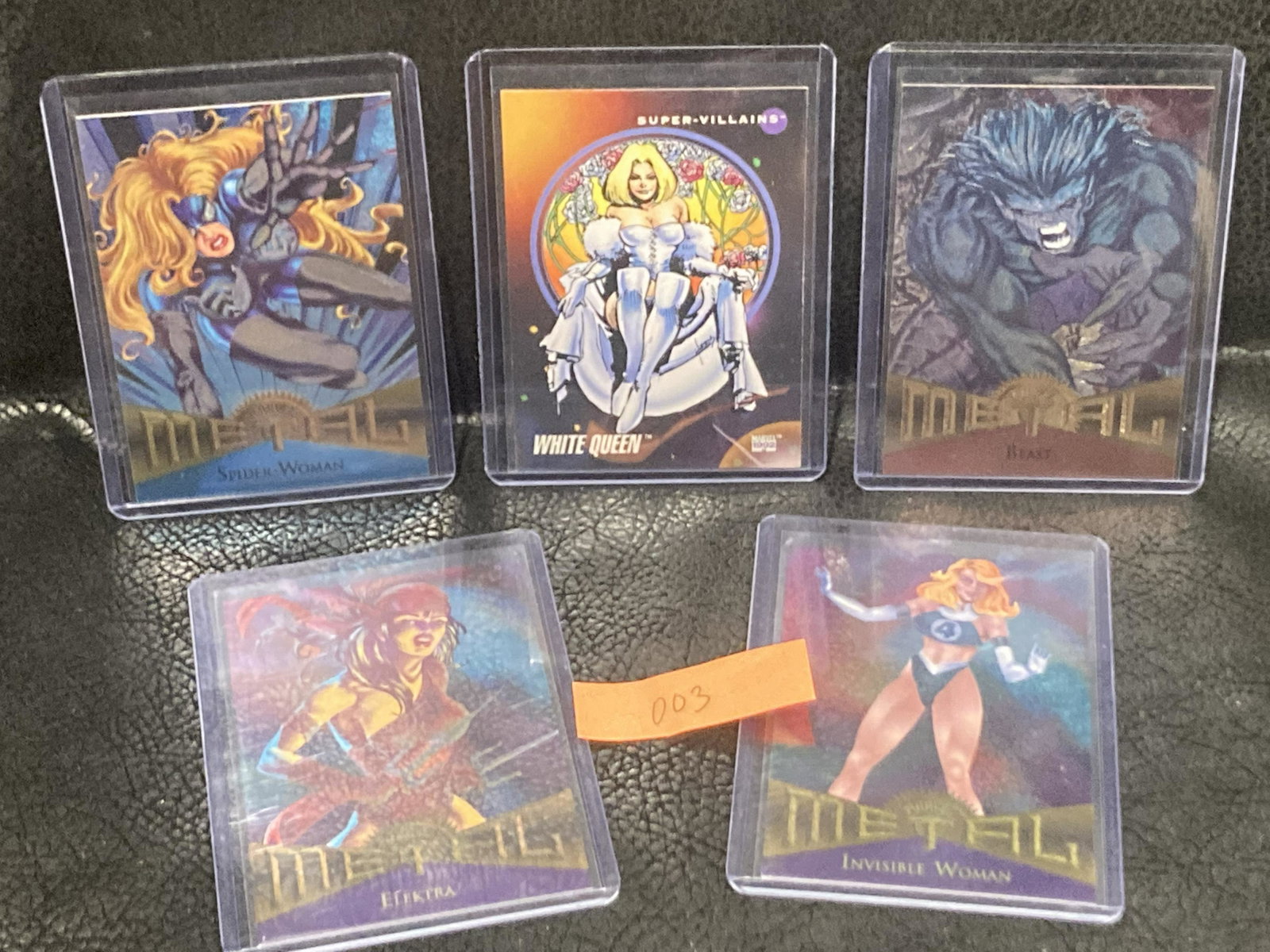 Lot Of 5 Fleer Metal Marvel Universe Cards: Spider Woman 1995 Fleer Marvel Metal #26Invisible Woman 1995 Fleer Marvel Metal #33Elektra 1995 Fleer Marvel Metal #30Beast 1995 Fleer Marvel Metal #1White Queen # 123 1992 Marvel Universe Series 3 Ba
