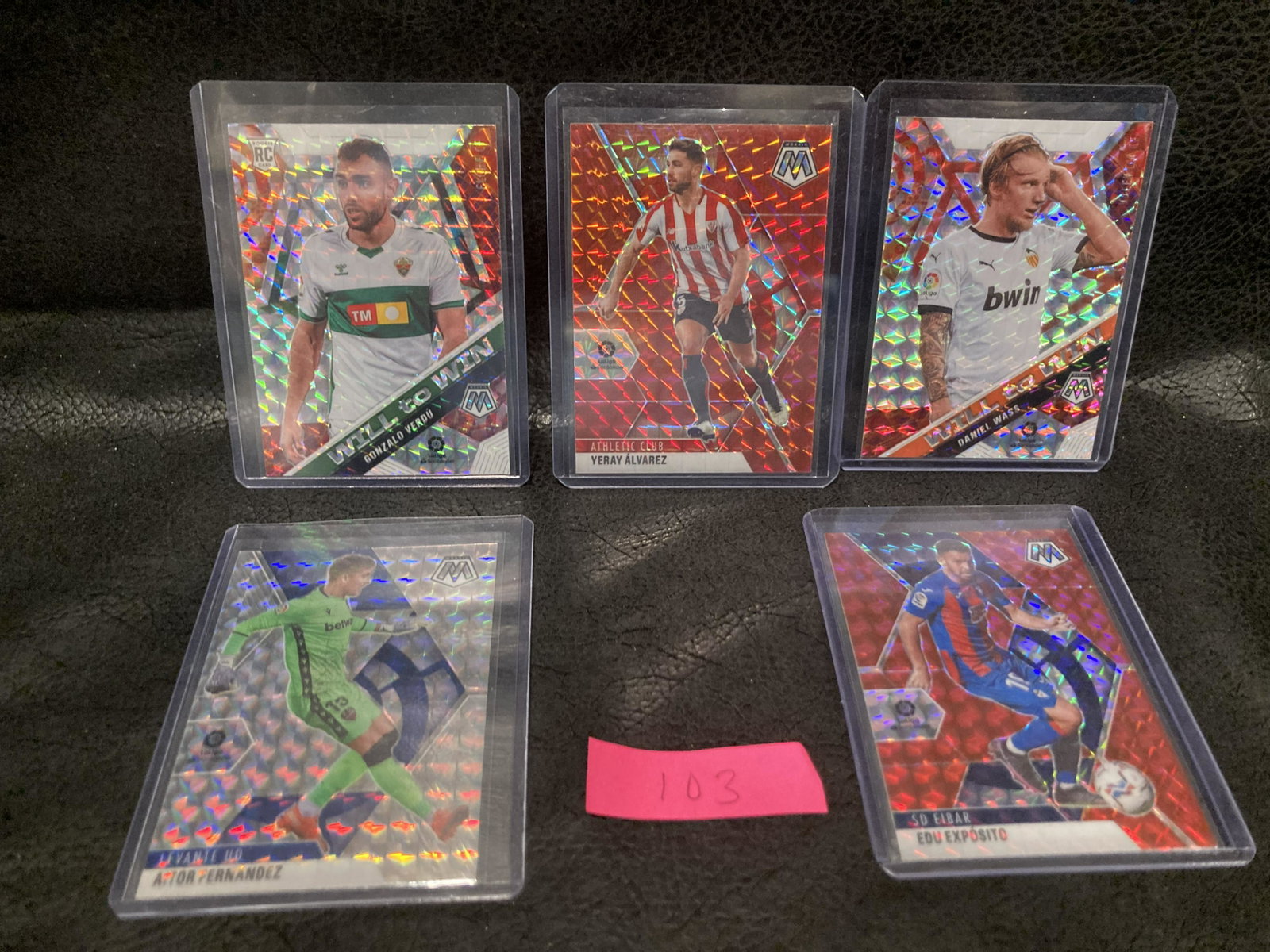 Lot of 5 2020-21 Panini Soccer Cards: Aitor Fernandez 2021 #84 Prizm Silver Mosaic LeagueLa Liga 2020-21 Panini Mosaic Red Mosaic Edu Exposito #43Yeray Alvarez 2020-21 Panini Mosaic La Liga Red Prizm #31Daniel Wass 2020-21 Panini Mosaic L