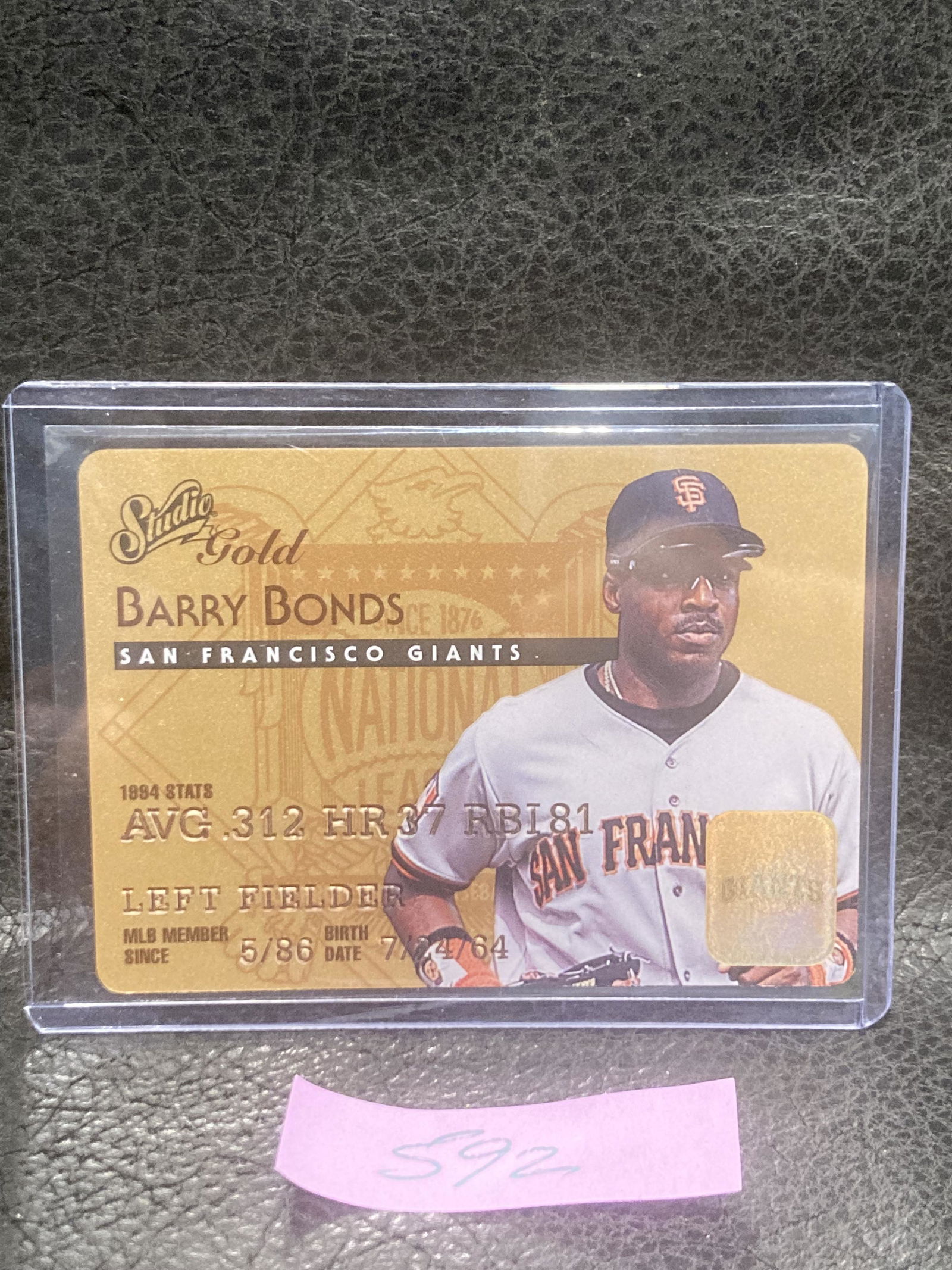Barry Bonds 1995 Studio Gold Credit Card Parallel Card #7 San Francisco Giants (1 of 2)