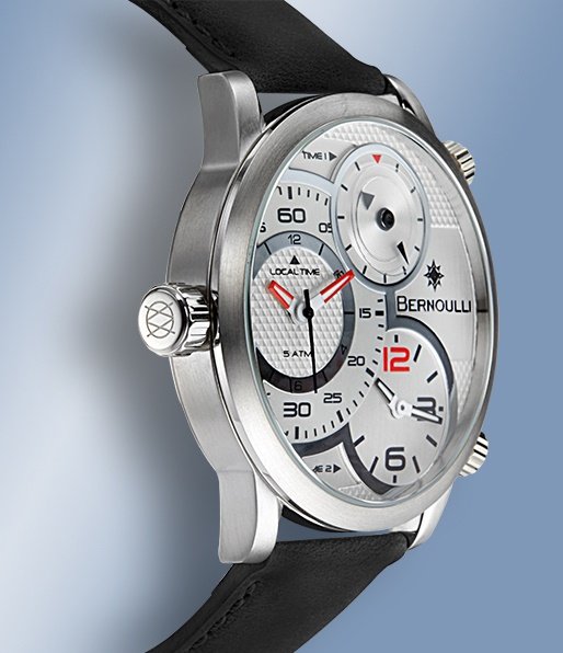Bernoulli 3 Time Zone: Bernoulli 3 Time Zone Mercurius Mens WatchMovement:- Japanese Quartz MovementDial:- Three Individual 12 Hour Subdials - Multi-Textured Silver Dial - Jet Black IndicesCase:- All Stainless Steel - 48mm 