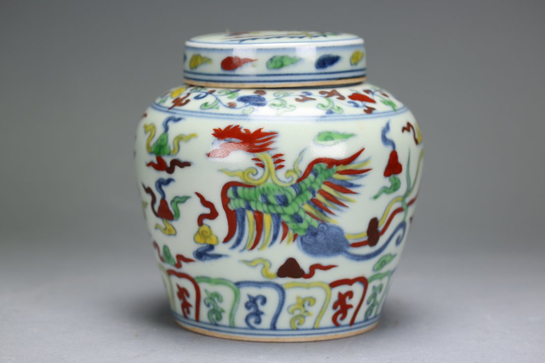 A Rare and Unusual Doucai Phoenix Lidded Jar (1 of 6)