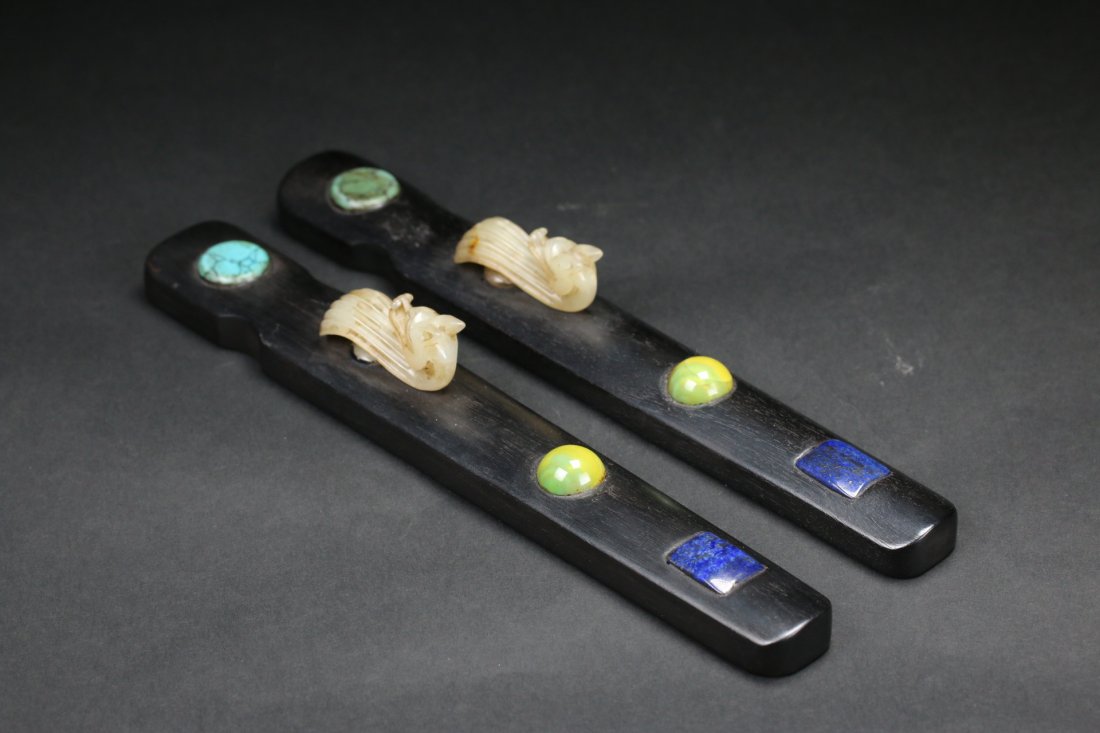 Pair Chinese Zitan paper weight inlay jade (1 of 6)