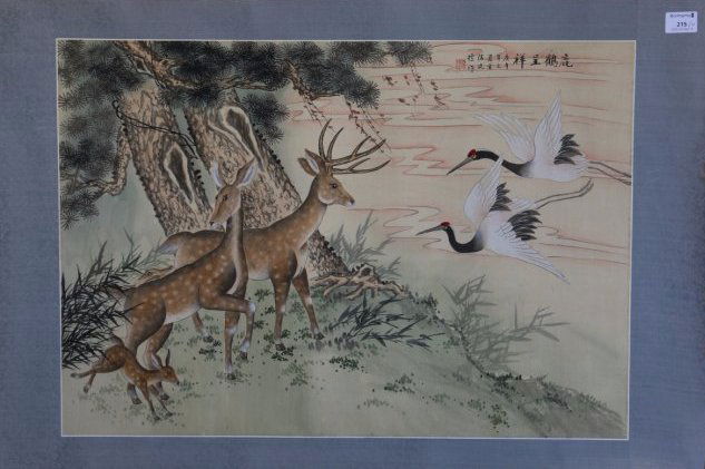 “Lu He Cheng Xiang‘, after Jing Tingbiao.: A Chinese water color paiting, after Jing Tingbiao.Size: Height 19 1/2 in,wide 28 in.：“鹿鹤呈祥”，仿金廷标。金廷Ċ