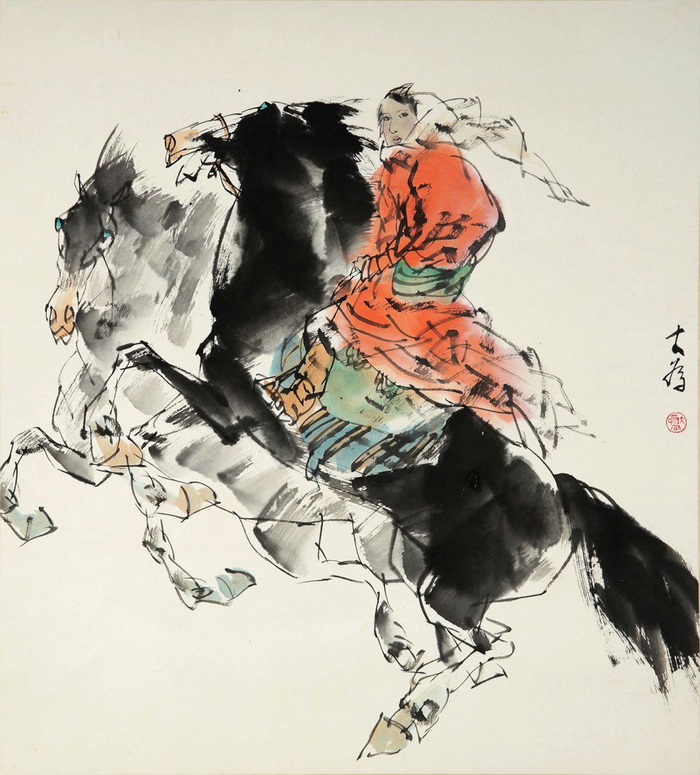 A CHINESE PAINTING By Liu dawei: The painting illustrates an armed man on camel searching for his prey; The painting comes with two seals and the artist signature.Dimension painting : (27cm x 24cm)