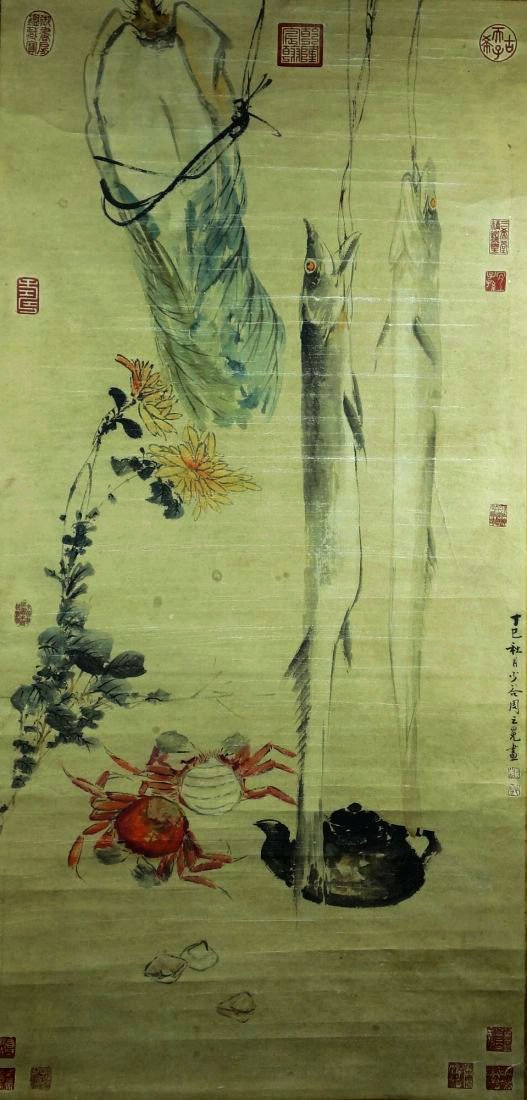 A VINTAGE CHINESE PAINTING , Attributed to Zhou Zhimian: Chinese ink and colors painting on paper scroll,depicting harvest motif; signed and seal marks; Dimension: 49.5" L x 24" W.