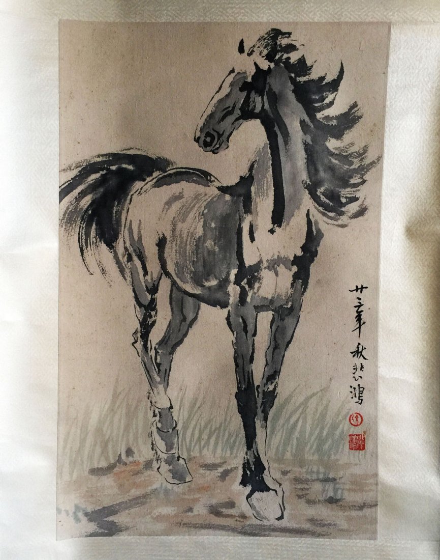A Chinese Scroll Painting of Horse, By Xu Beihong: A Chinese Scroll Painting of Horse,By Xu Beihong;Dimension painting : 19" x 12".