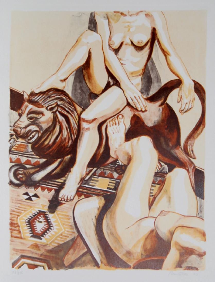 Philip Pearlstein, Two Nude Women with Lion, Lithograph: Artist: Philip Pearlstein, American (1924 - ) Title: Two Nude Women with Lion Year: 2003 Medium: Lithograph, signed and numbered in pencil Edition: 250 Image Size: 17 x 13.5 inches Size: 23.5 in. x 16
