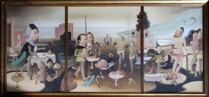 Stuart McAlpine Miller, The Ultimate Development of: Artist: Stuart McAlpine Miller Title: The Ultimate Development of Mankind Year: 1993 Medium: Oil on Canvas mounted to Board, signed verso Size: 30 x 65 in. (76.2 x 165.1 cm)