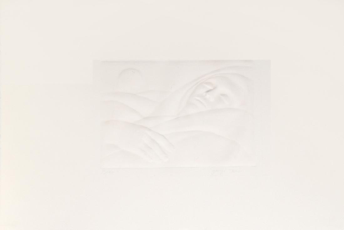 George Tooker, Repose, Blind Embossment: Artist: George Tooker, American (1920 - 2011) Title: Repose Year: 1976 Medium: Blind Embossment on Arches, signed and numbered in pencil Edition: 150 Size: 9.75 x 12.5 in. (24.77 x 31.75 cm)