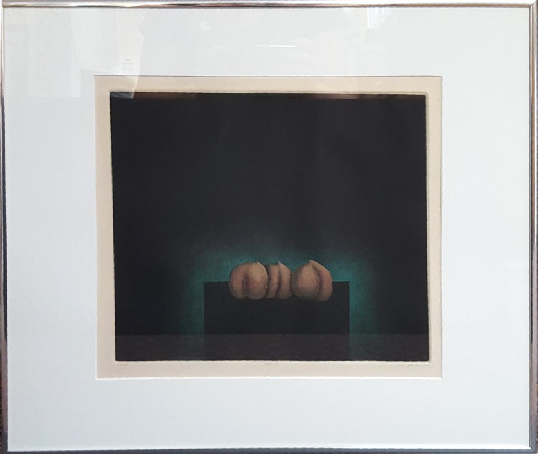 Tomoe Yokoi, Peaches, Mezzotint: Artist: Tomoe Yokoi, Japanese (1942 - ) Title: Peaches Year: circa 1985 Medium: Mezzotint, signed and numbered in pencil Edition: 54/75 Size: 12 x 14 in. (30.48 x 35.56 cm) Frame Size: 18 x 22 inches