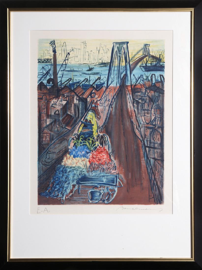 Ludwig Bemelmans, Brooklyn Bridge, Lithograph: Artist: Ludwig Bemelmans, Austrian/American (1898 - 1962) Title: Brooklyn Bridge Year: 1954 Medium: Lithograph, signed in pencil Edition: EA Image Size: 21 x 16 inches Size: 30 x 21 in. (76.2 x 53.34 