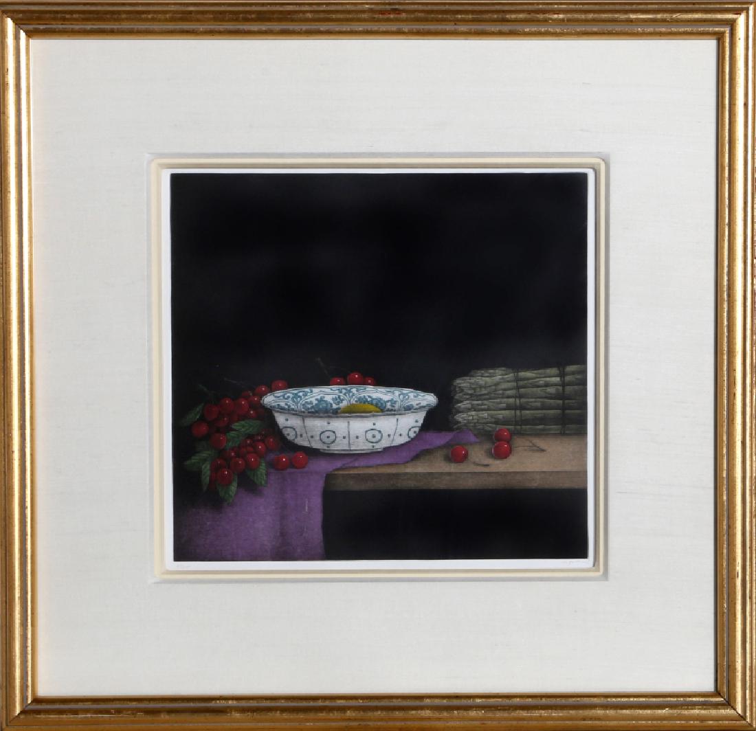 Tomoe Yokoi, Cherries and Asparagus, Mezzotint: Artist: Tomoe Yokoi, Japanese (1942 - ) Title: Cherries and Asparagus Medium: Mezzotint, signed and numbered in pencil Edition: 87/100 Image Size: 11.5 x 12.5 inches Frame Size: 22.5 x 23 inches