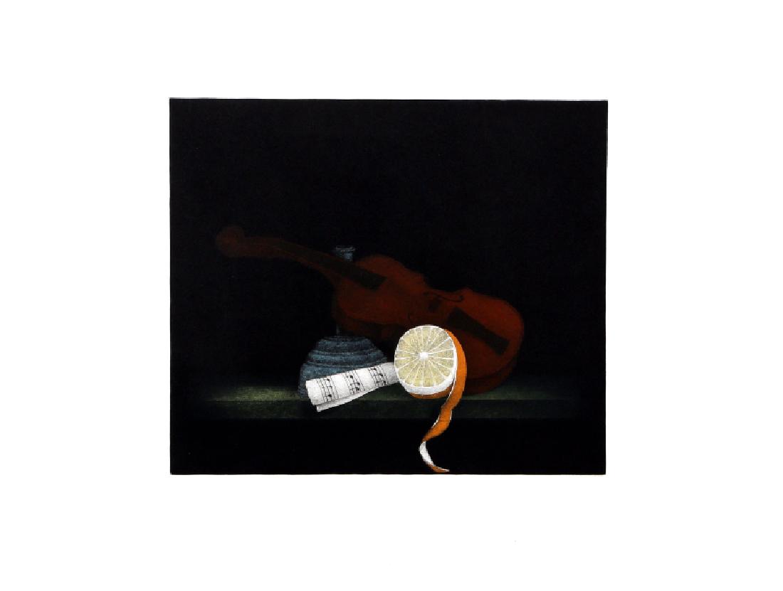 Tomoe Yokoi, Violin and Orange, Mezzotint: Artist: Tomoe Yokoi, Japanese (1942 - ) Title: Violin and Orange Medium: Mezzotint, signed and numbered in pencil Image Size: 12 x 13.5 inches Size: 20 x 26 in. (50.8 x 66.04 cm)
