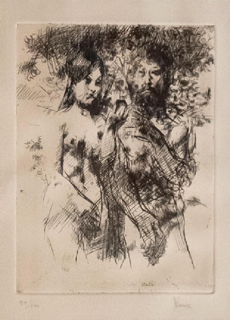 Jack Levine, Adam and Eve, Etching: Artist: Jack Levine, American (1915 - 2010) Title: Adam and Eve Year: circa 1970 Medium: Etching, signed and numbered in pencil Edition: 100 Image Size: 12 x 9.5 inches Size: 19 x 16.5 in. (48.26 x 41