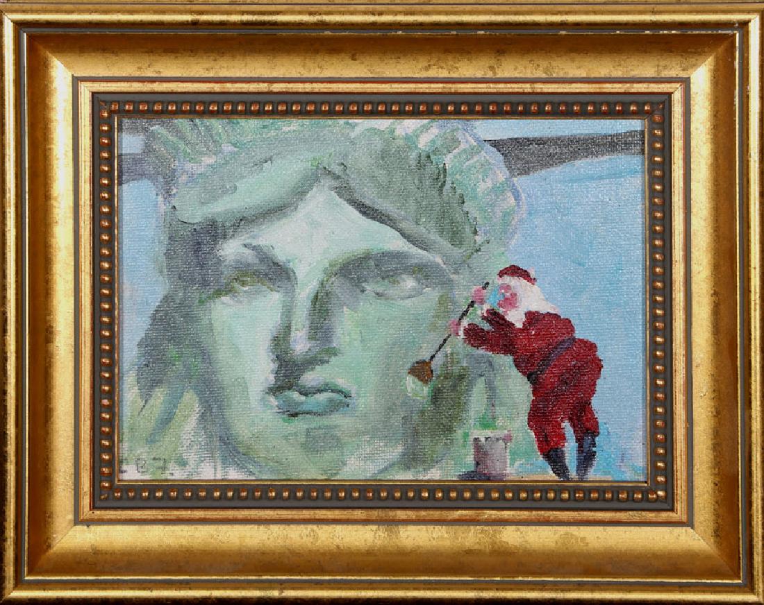 Santa Claus Painting the Statue of Liberty, Oil: Artist: Unknown Title: Santa Claus Painting the Statue of Liberty Year: 1987 Medium: Oil on Board, initialed 'C.B.F.' l.l. Size: 5.5 x 7 in. (13.97 x 17.78 cm) Frame Size: 7.5 x 9.5 inches