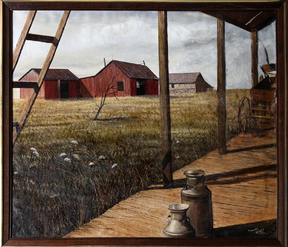 Thomas Kerry, View of Field from Porch, Oil Painting: Artist: Thomas Kerry, British/American Title: View of Field from Porch Year: Circa 1970 Medium: Oil on Canvas, signed Size: 28 x 32 in. (71.12 x 81.28 cm) Frame Size: 30 x 34 inches