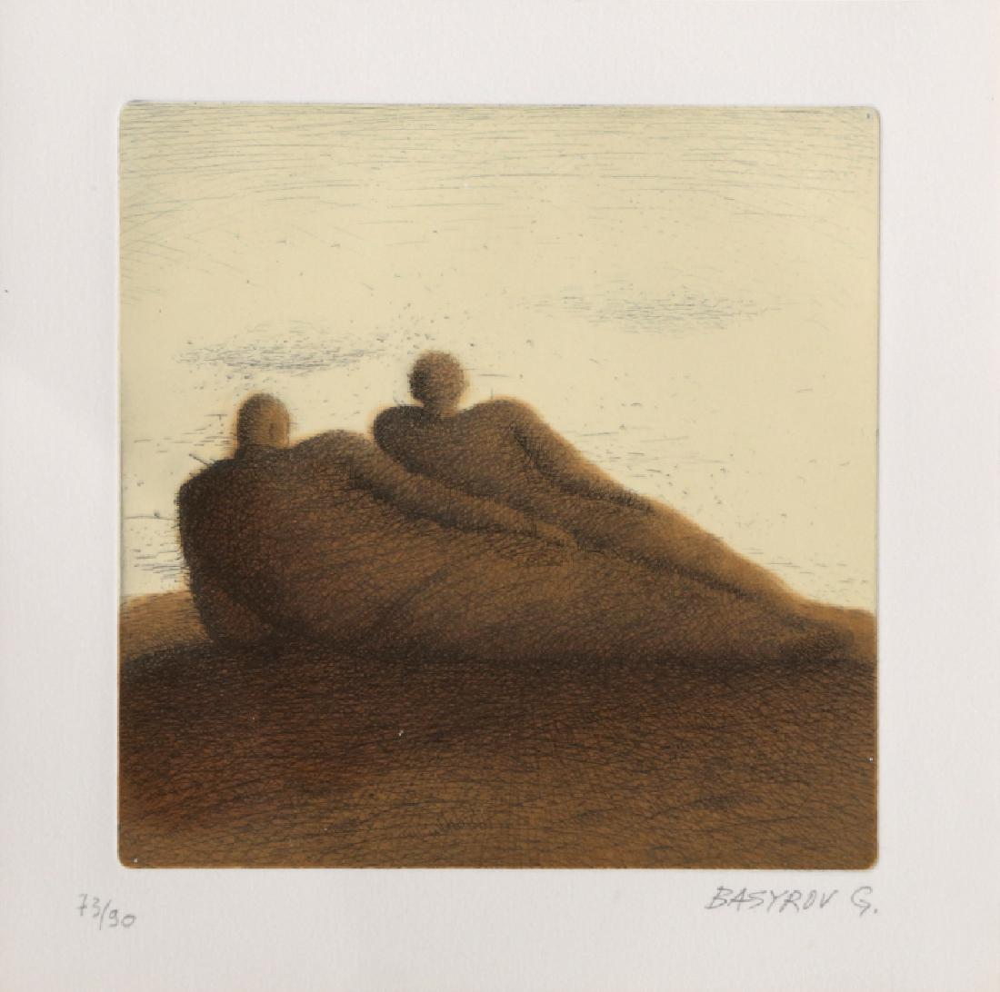 Garif Basyrov, Couple Reclining, Aquatint Etching: Artist: Garif Basyrov, Kazakhstani (1944 - 2004) Title: Couple Reclining Medium: Etching with Aquatint, signed and numbered in pencil Edition: 73/90 Image Size: 8 x 7.5 inches Size: 10.5 x 10 in. (26.