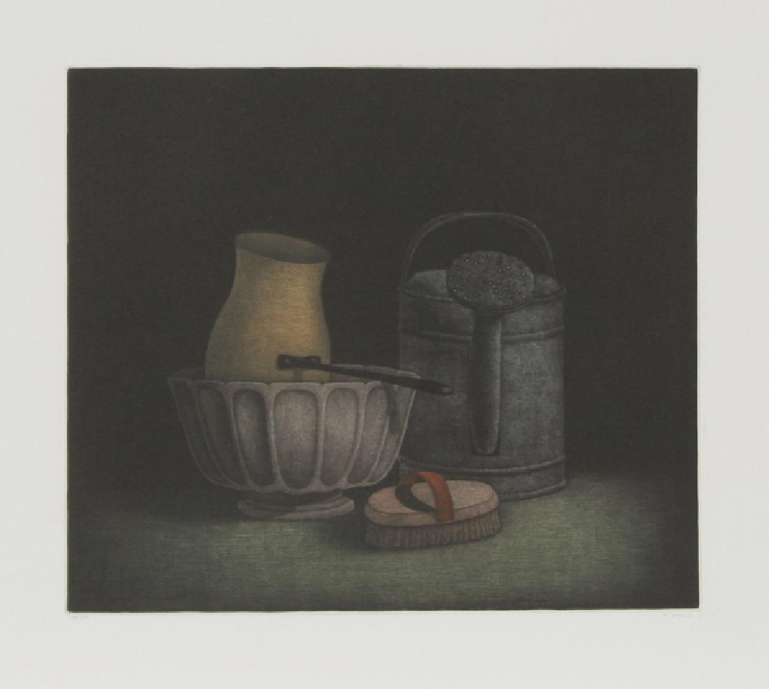Tomoe Yokoi, Watering Jug and Brush, Mezzotint,: Artist: Tomoe Yokoi, Japanese (1942 - ) Title: Watering Jug and Brush Year: circa 1973 Medium: Mezzotint, Signed and Numbered in Pencil Edition: 150 Image Size: Size: 19.5 in. x 25.5 in. (49.53 cm x 6