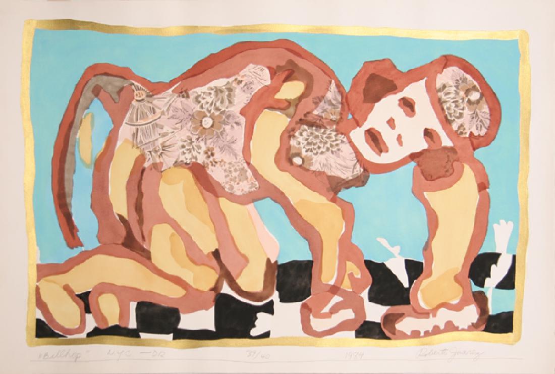 Roberto Juarez, Bellhop, Silkscreen and Woodcut: Artist: Roberto Juarez, American (1952 - ) Title: Bellhop Year: 1984 Medium: Silkscreen and Woodcut, Signed and Numbered in Pencil Edition: 39/40 Size: 31.5 in. x 47 in. (80.01 cm x 119.38 cm)