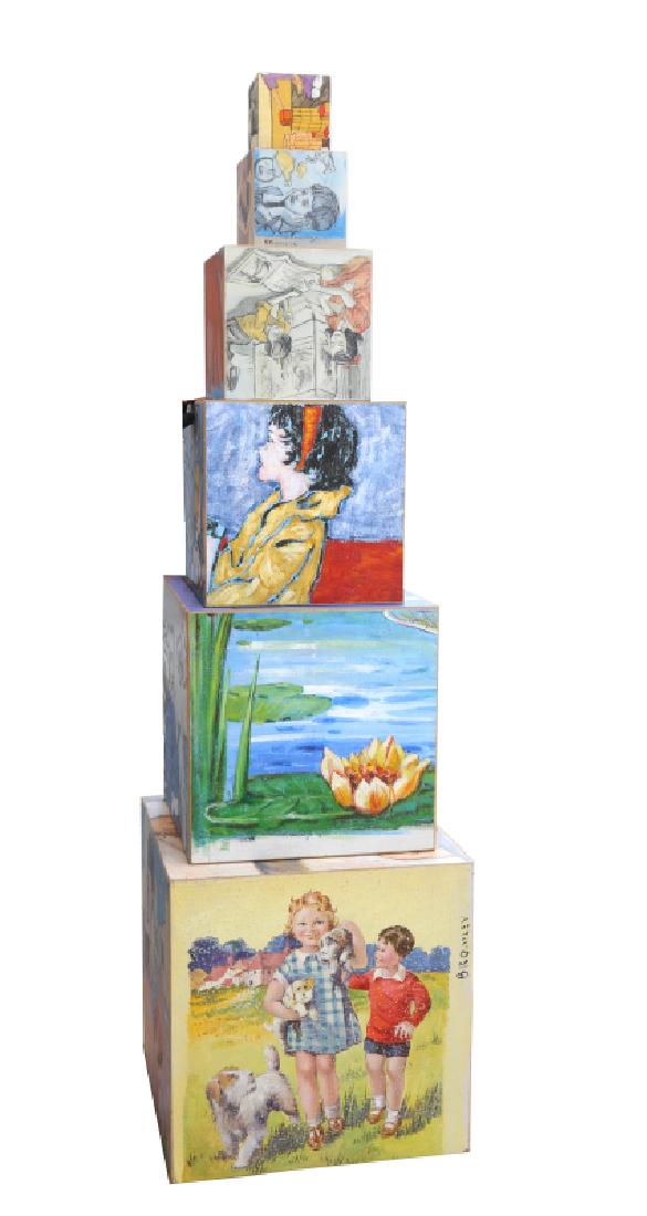 David Bromley, Children Playing Illustrations, Six: Artist: David Bromley, British/Australian (1960 - ) Title: Children Playing Illustrations Year: circa 2000 Medium: Six Oil-Painted Wooden Blocks, each signed Image Size: Smallest Block: 5.5 x 5.5 inch