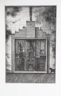 Alexander Brodsky and Ilya Utkin, House with Stag's: Artist: Alexander Brodsky and Ilya Utkin, Russian (1955 - ) Title: House with Stag's Head from Brodsky and Utkin: Projects 1981 - 1990 Year: 1990 Medium: Etching on German Rag paper, signed and