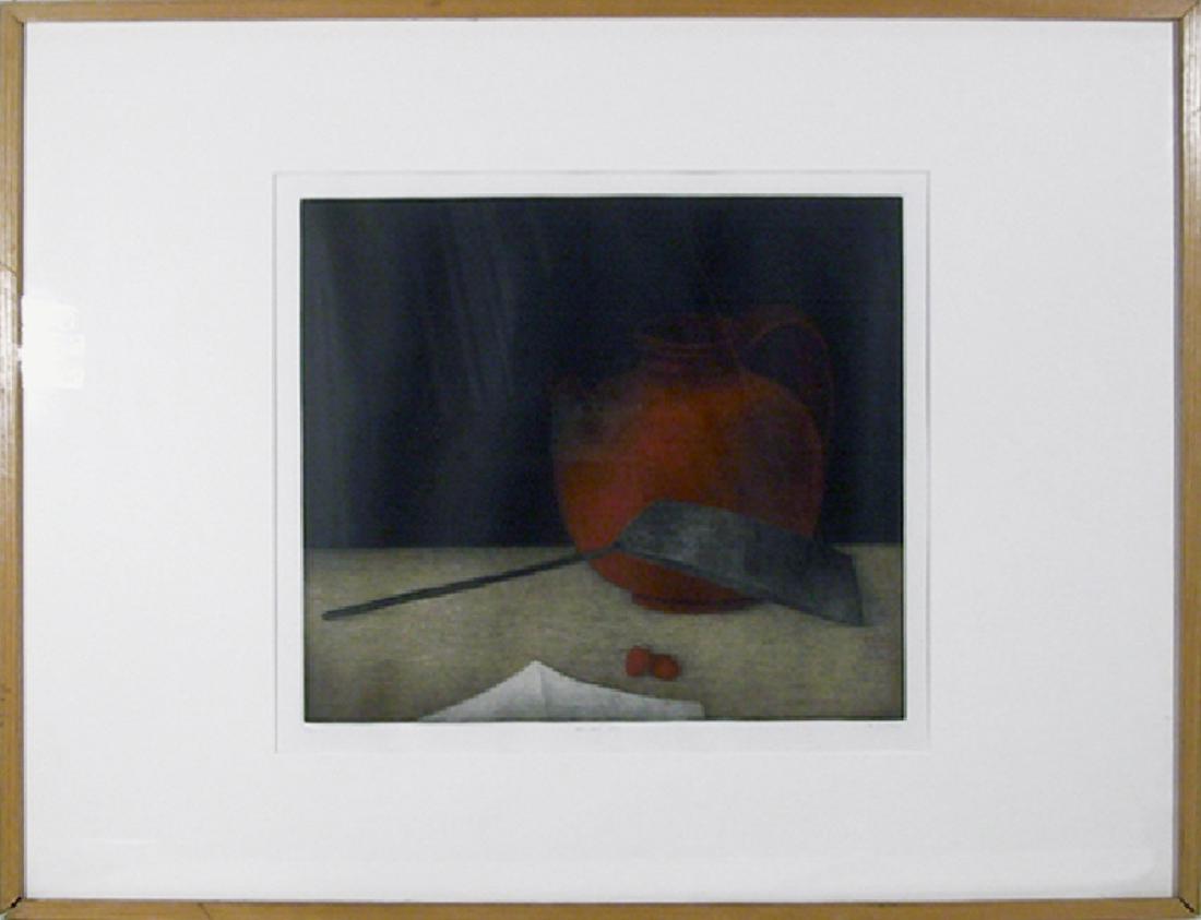 Tomoe Yokoi, Pan and Jar, Mezzotint: Artist: Tomoe Yokoi, Japanese (1942 - ) Title: Pan and Jar Year: circa 1973 Medium: Mezzotint, signed and numbered in pencil Edition: 100 Image Size: 12 x 13.5 inches Frame Size: 21 x 27 inches