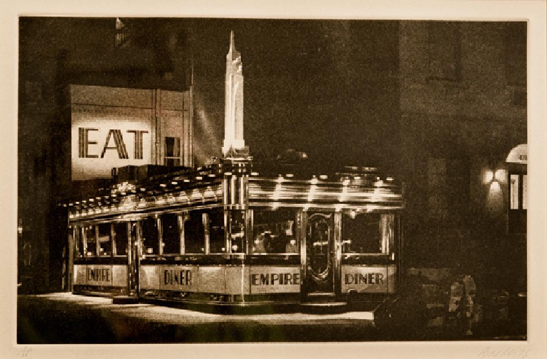John Baeder, Empire Diner, Mezzotint: Artist: John Baeder, American (1938 - ) Title: Empire Diner Year: 1976 Medium: Mezzotint, signed in pencil Edition: AP Size: 10 x 14.25 in. (25.4 x 36.195 cm)
